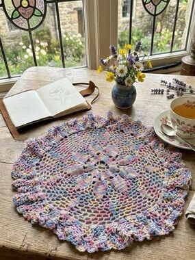 Vintage Whimsical Pastel Colorful Crochet Doily Round 70’s Boho Hippie Cottage